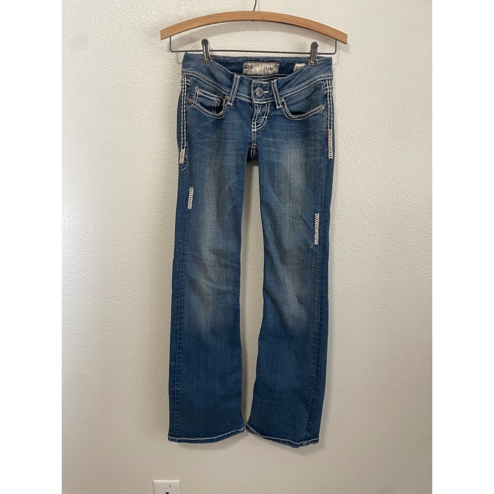 BKE Stella Flare Jeans Womens Y2K Style 22R Blue EUC Thick Stitch Low Rise Denim